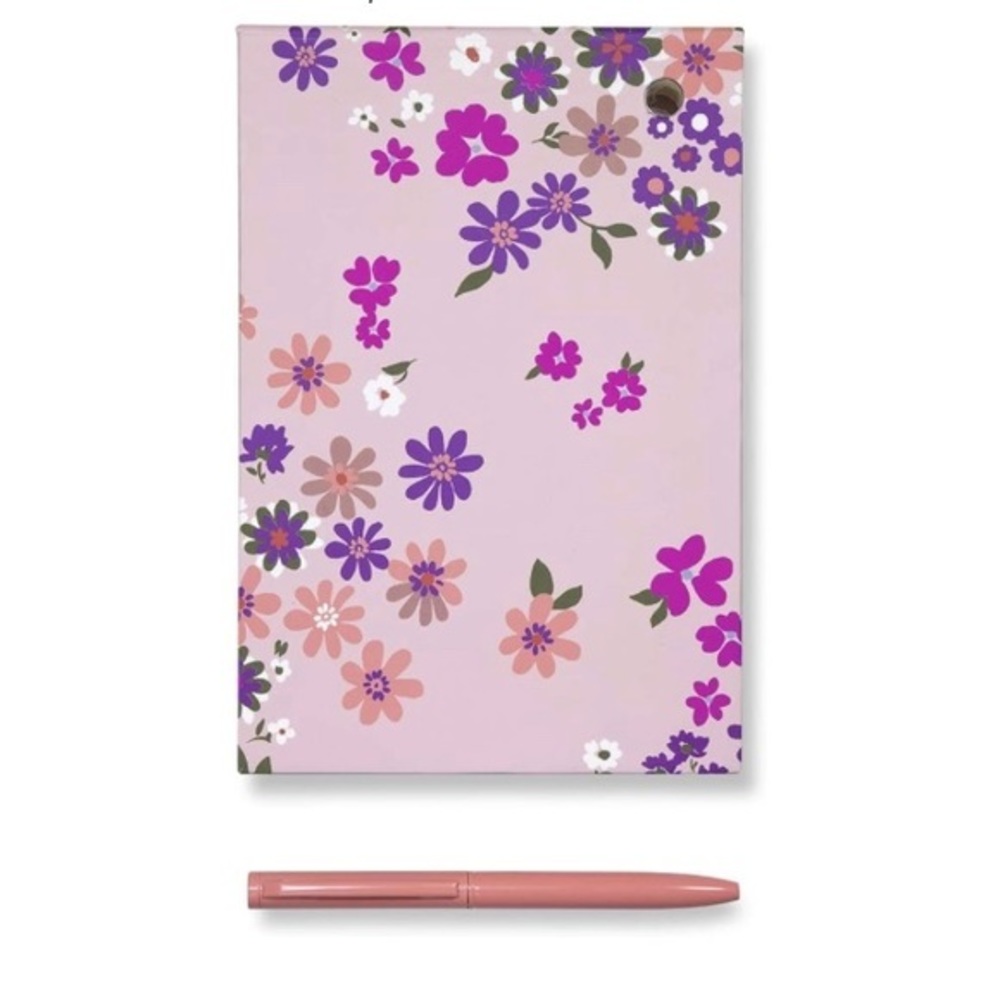 Kate Spade Purple/Blush Floral Note Holder with Black Ink Pen, Pacific Petals